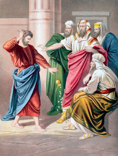 Judas repents and in remorse, returns the thirty pieces of silver by English School